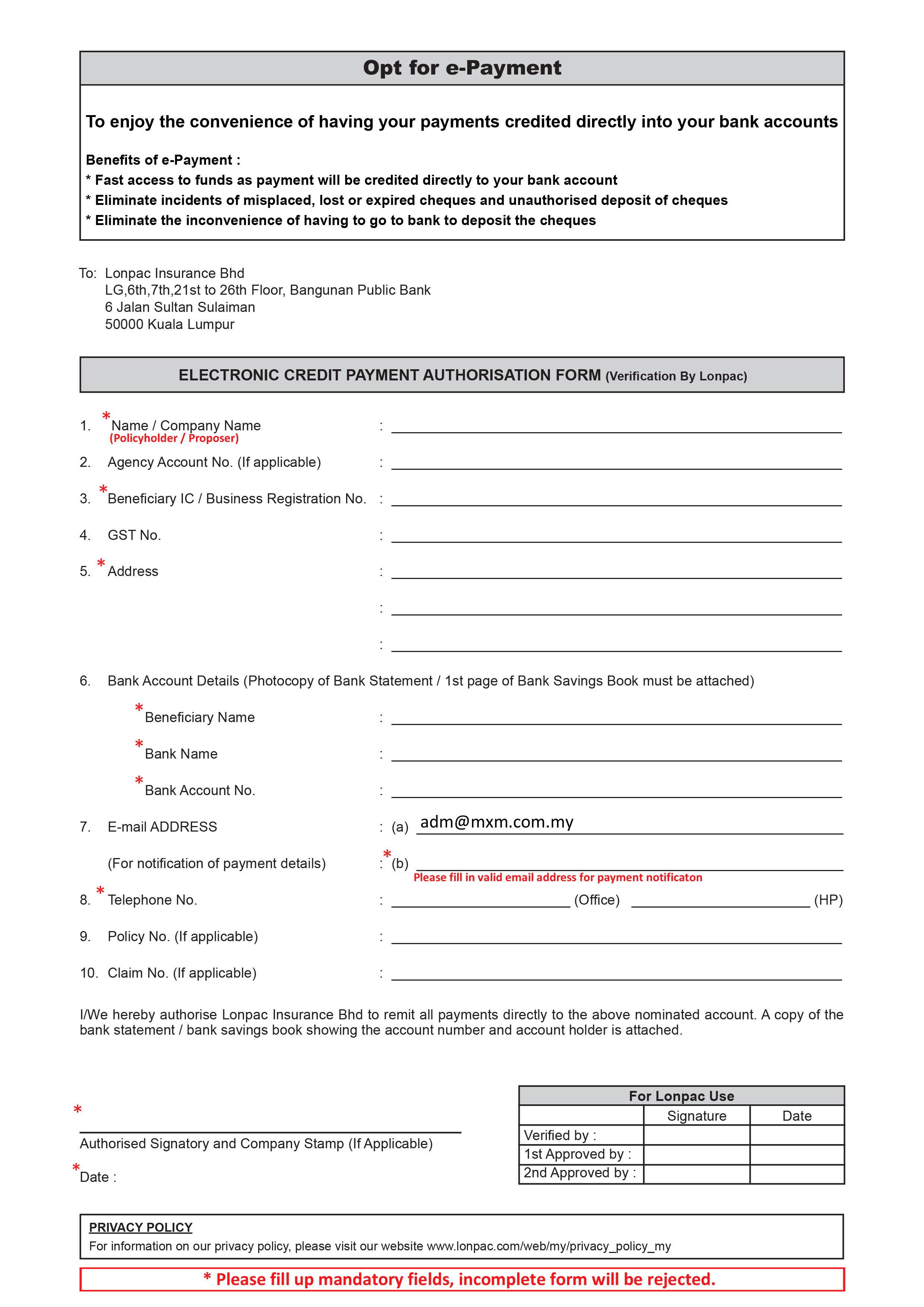 LonPac E-payment form