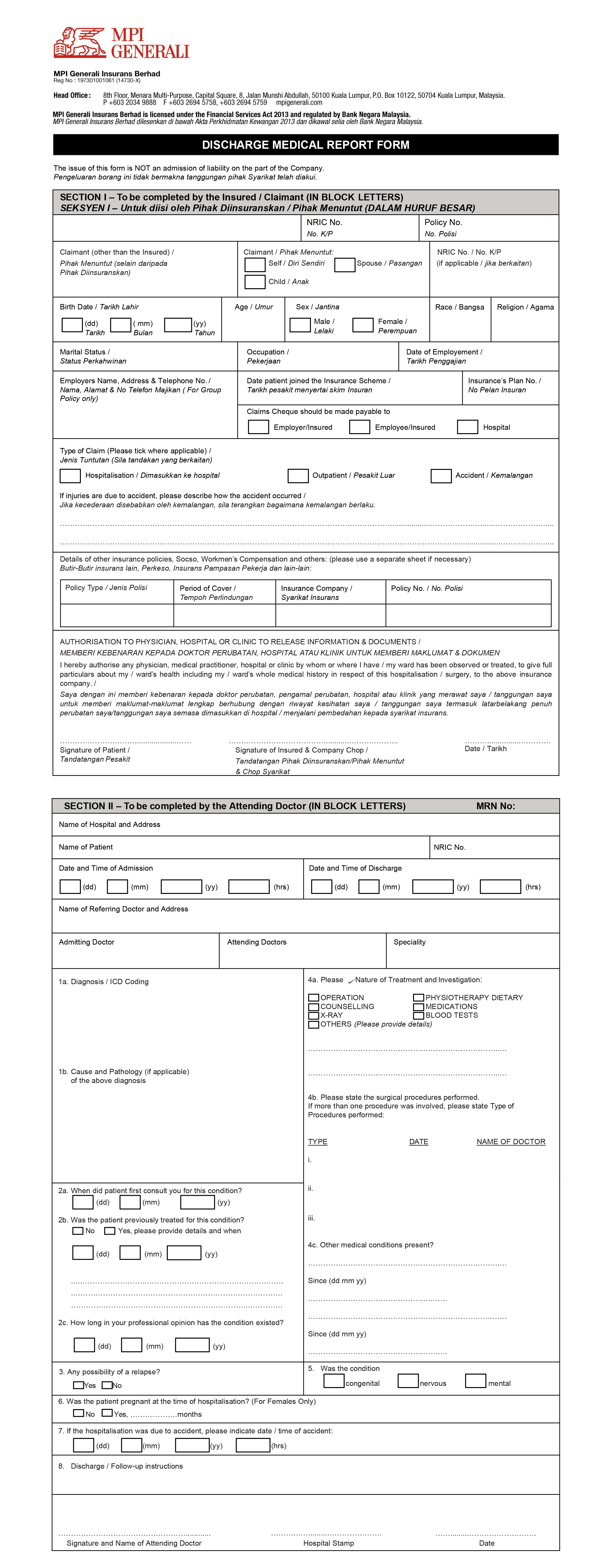 MPI Generali Personal Accident Claim Form 
